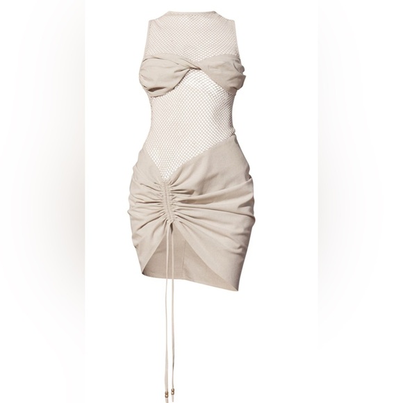 PLT Label Off White Sheer Panel Detail Ruched Bodycon Dress - Picture 3 of 5